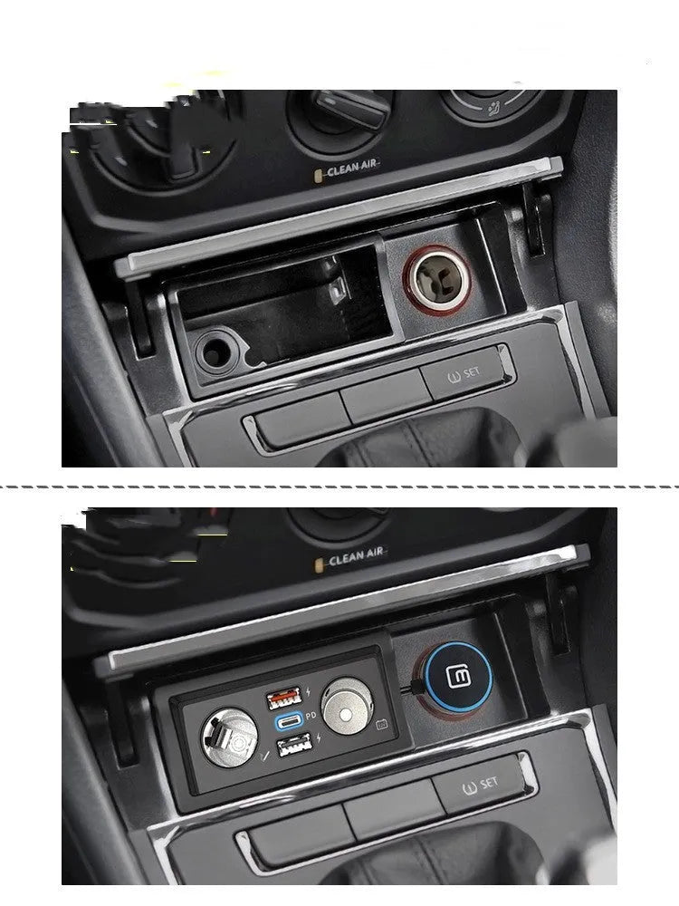 Black car charger with two USB ports for QC3.0 fast charging, designed for VW Lavida and Skoda Pola vehicles
