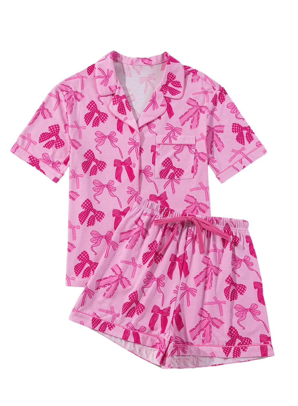 Pink bow print women's polyester pajama set showing top and pants for sleepwear