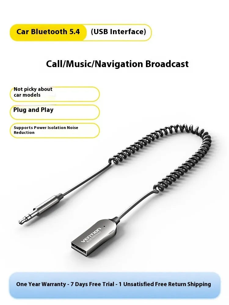 USB car Bluetooth audio receiver with a black zinc alloy USB plug connected by a PU-coated spring wire to a copper 3.5mm audio jack.