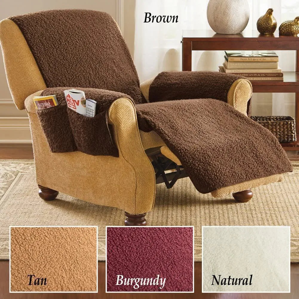 Polyester sofa cushion slipcover in lamb wool beige colour, shown on a sofa.