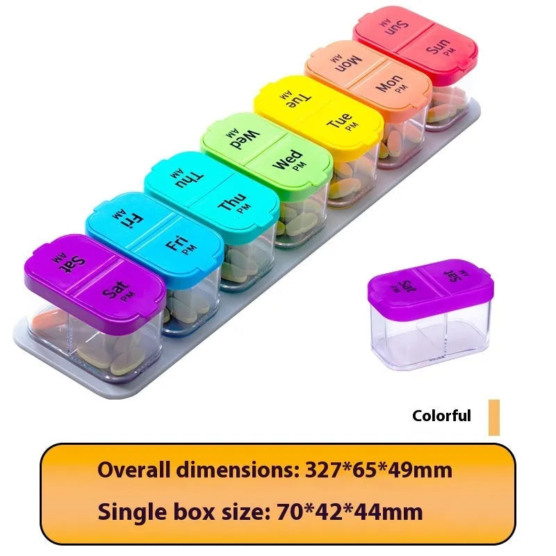 Amazon portable pill dispenser with 14 removable compartments in rainbow colour option