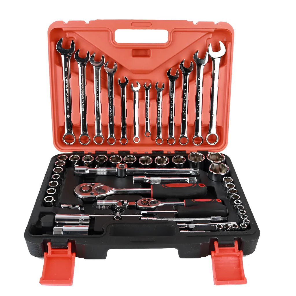 61-piece chrome vanadium steel auto repair socket wrench set with metric sockets and ratchets