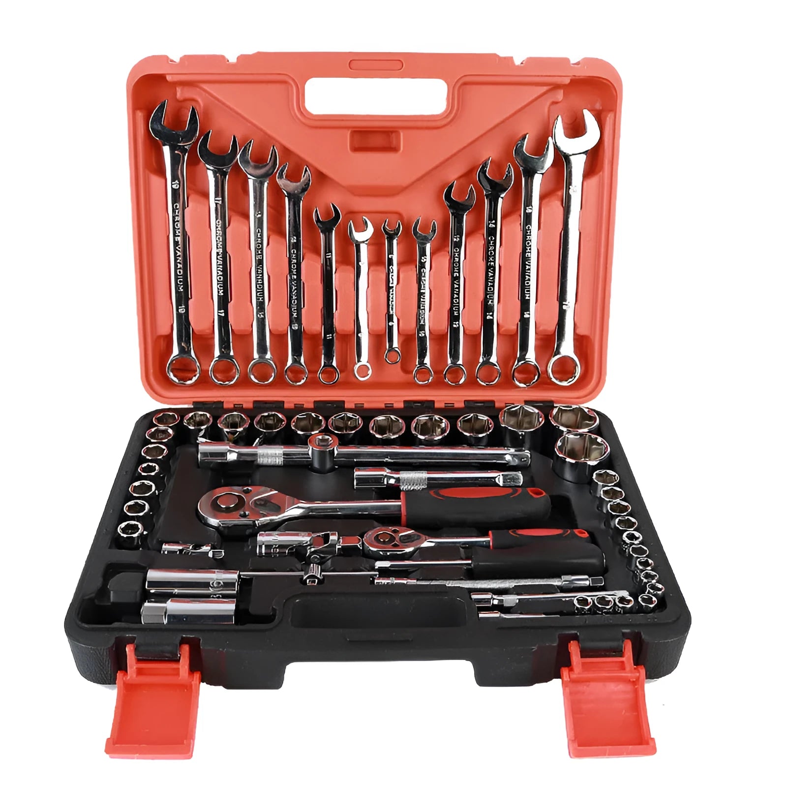 61-piece chrome vanadium steel auto repair socket wrench set with metric sockets and ratchets