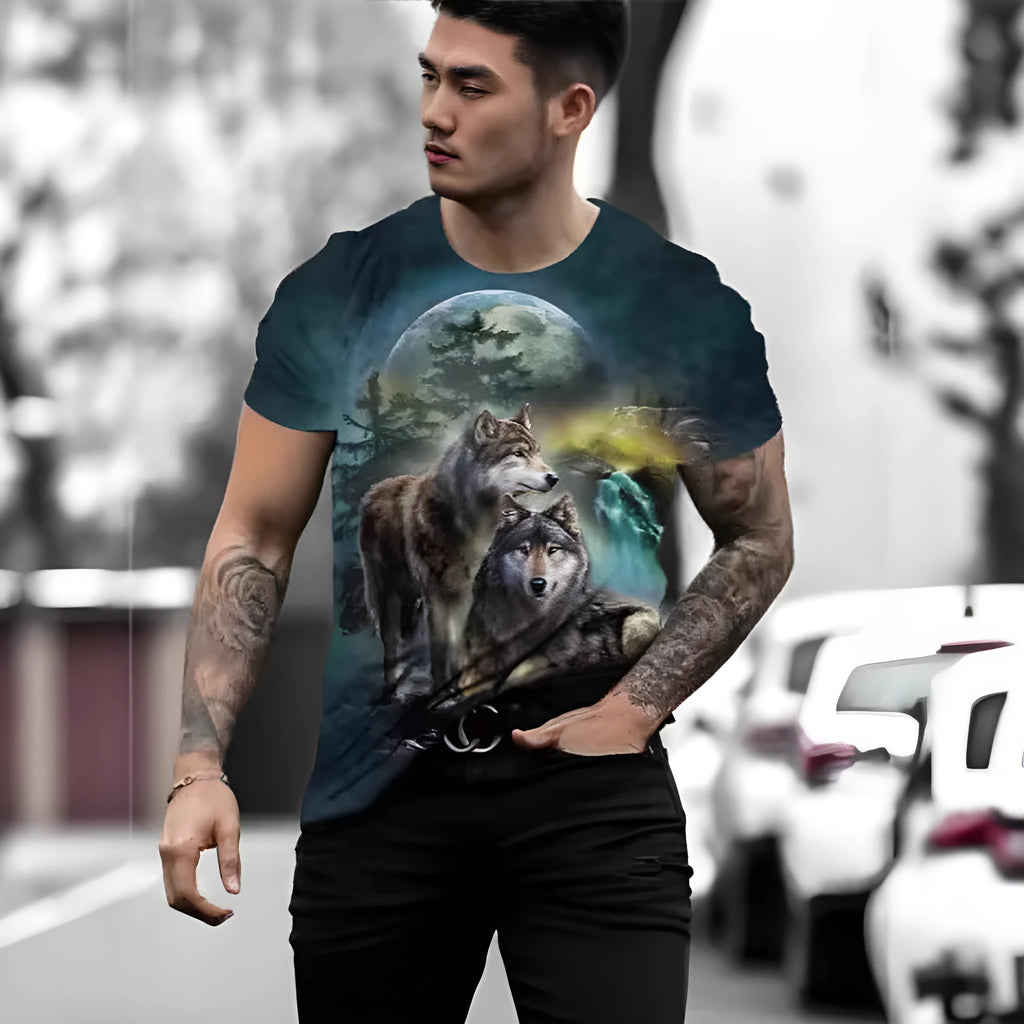 Retro 3D animal print on a men's grey short-sleeved t-shirt showing the digital print detail.