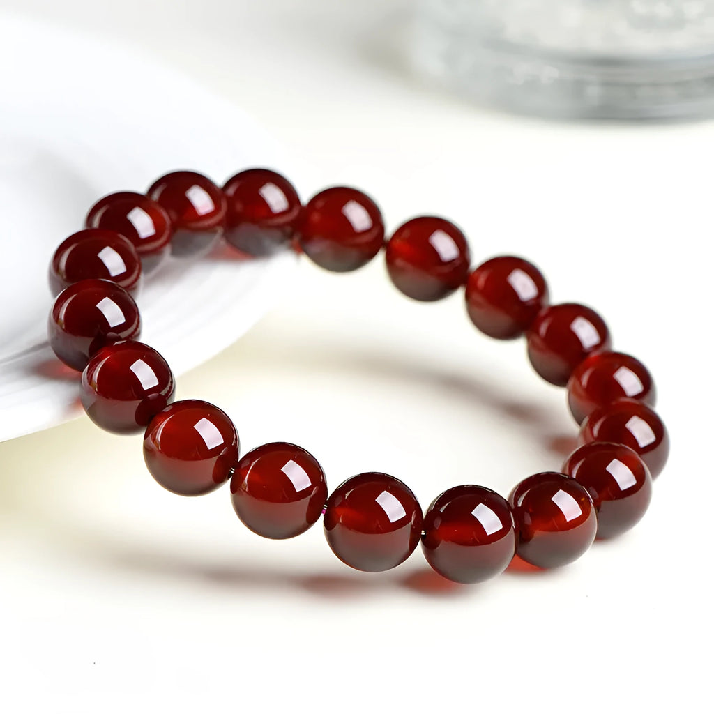 Natural orange red garnet ball crystal bracelet with traditional ruyi charm in retro style