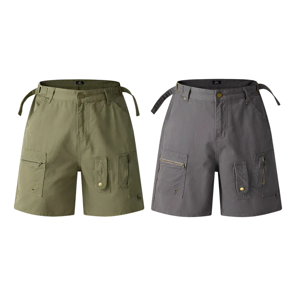 Retro workwear shorts in washed cotton with half elastic waistband shown in grey, green, camouflage, and blue colours