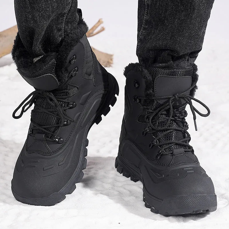 Men's black high-top boots with fleece lining and lace-up front closure