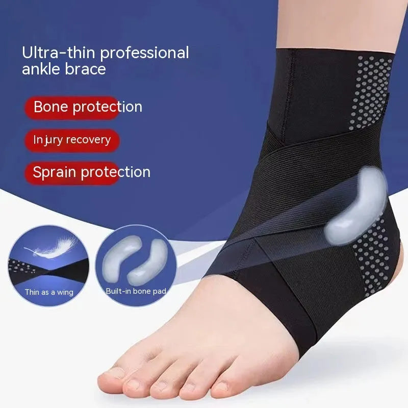 Black Lycra ankle support brace wrapped around an adult ankle.
