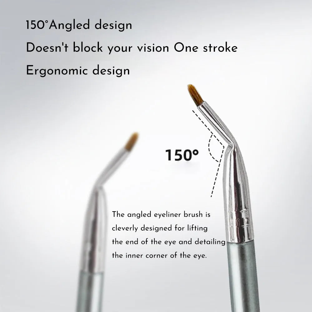 Fine bend head makeup brush for detailed eyeliner and under eye concealer application.