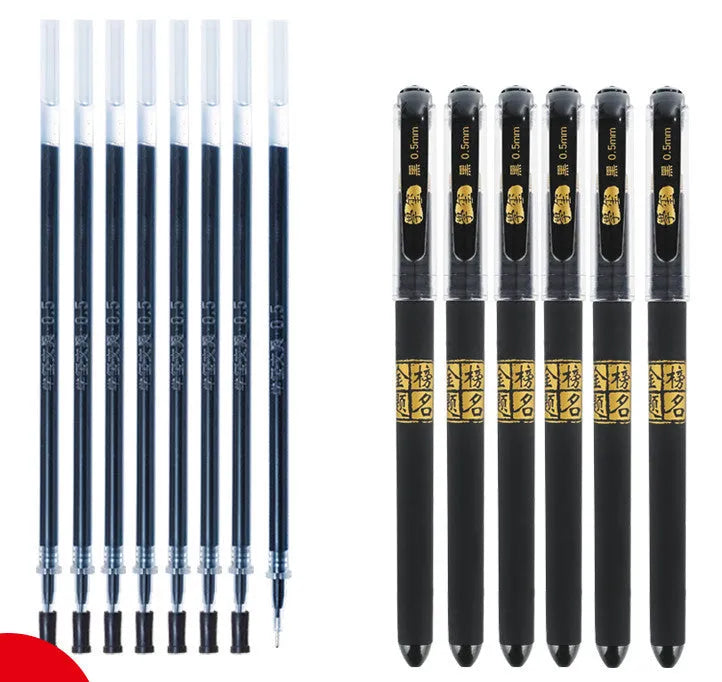 8 carbon black gel pens with anti-fatigue grips, showing bullet and needle tip options