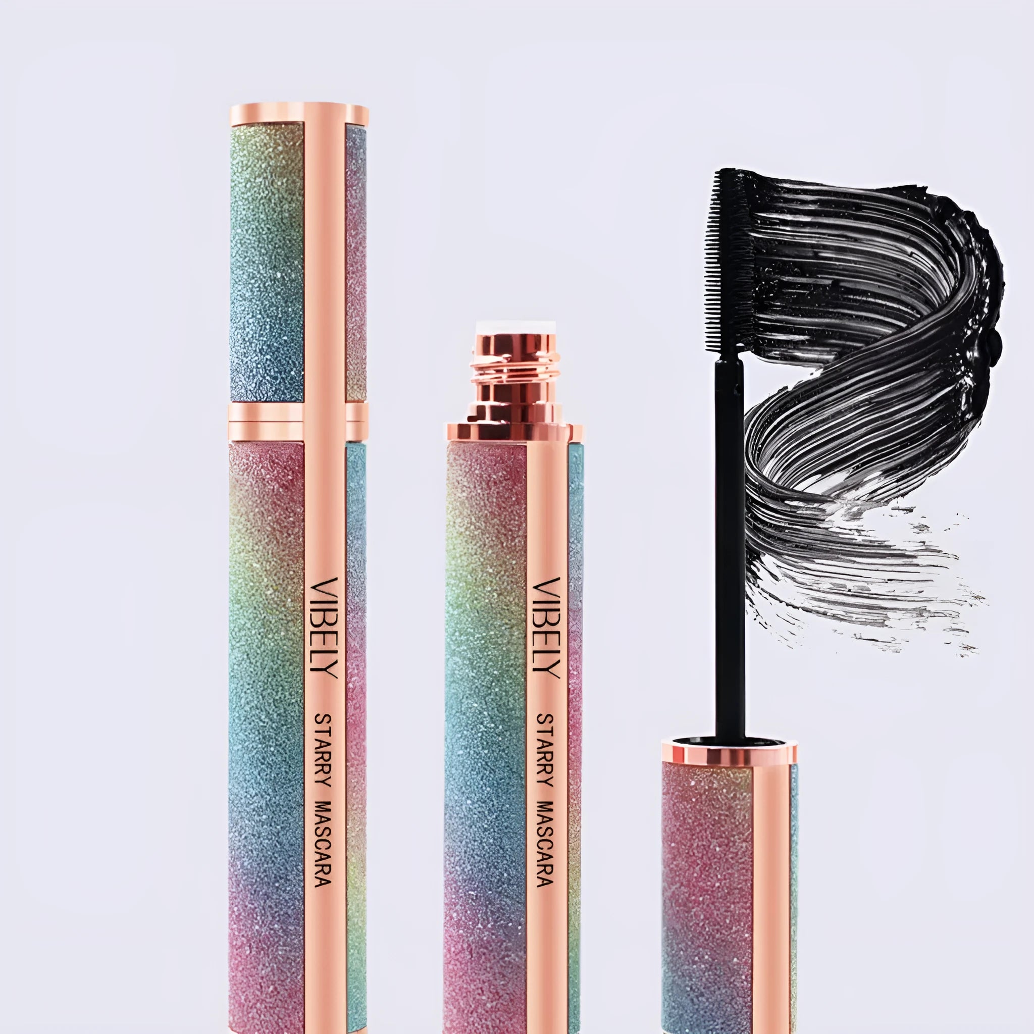 Black waterproof mascara with 4D long thick curling effect and non-smudge formula.