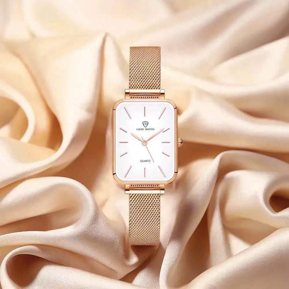 Women's quartz watch with woven steel belt, 34mm alloy case, rose gold or silver finish, 30m waterproof