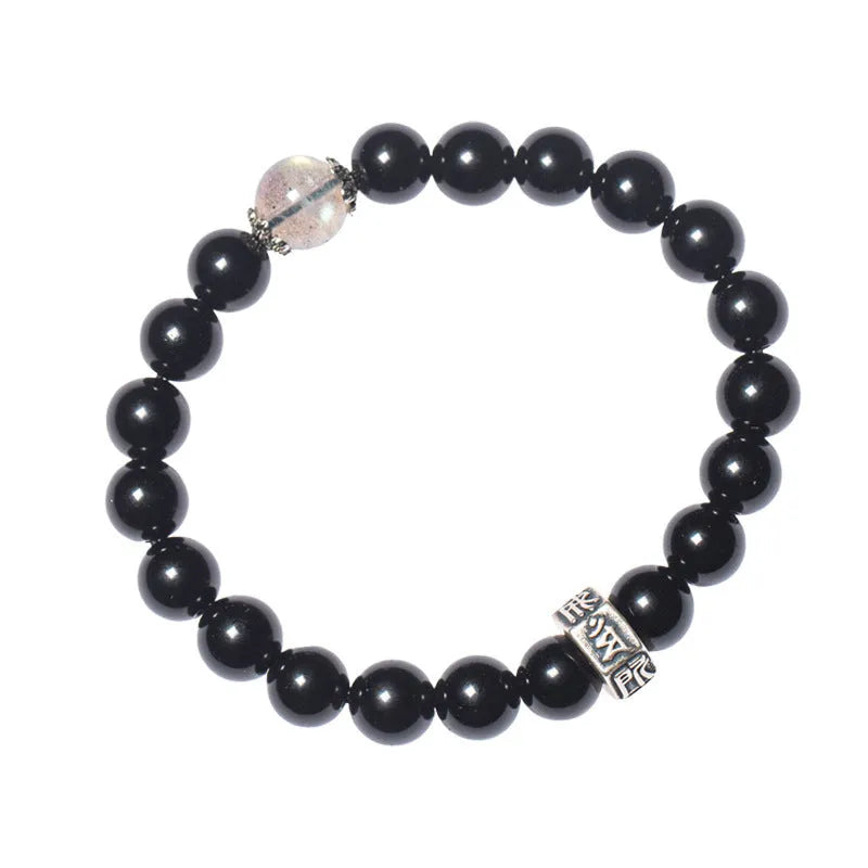 Old Pit Obsidian 8mm bracelet with detailed metal zodiac animal and Buddhist bodhisattva charms.