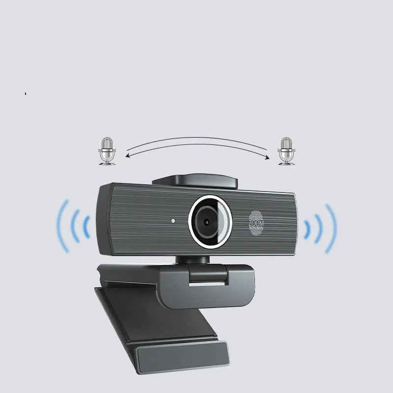 Black USB webcam with magnetic privacy cover showing 8MP 4K resolution for video conferencing