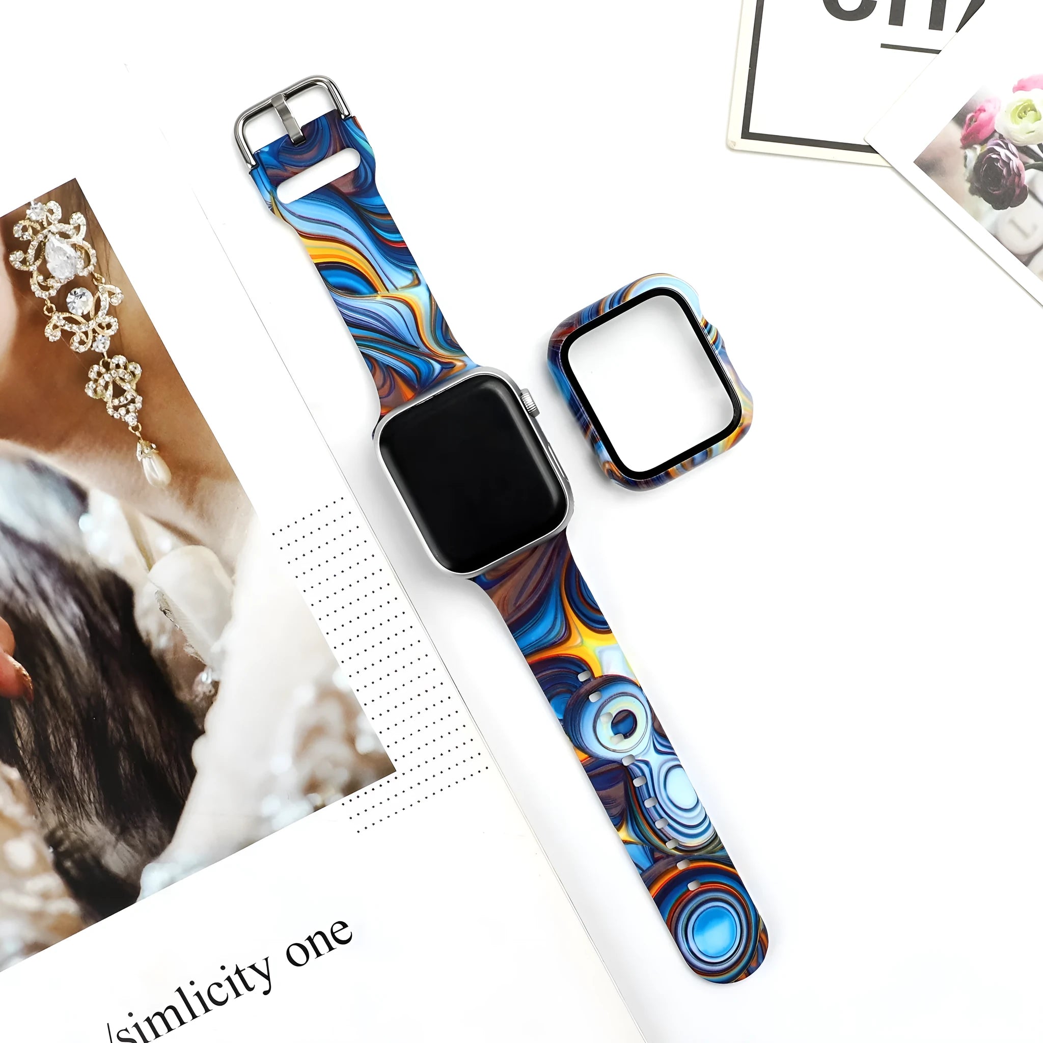 Printed silicone replacement strap for Apple Watch in various styles and sizes