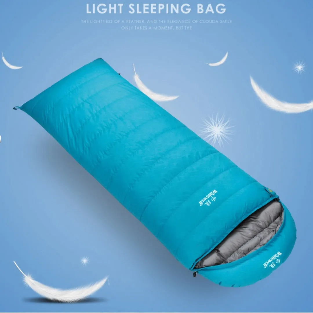 Black adult sleeping bag with envelope design, filled with white goose down and a tear-resistant nylon shell.