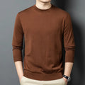 Men's round neck long sleeve pullover sweater in a wool and mulberry silk blend.