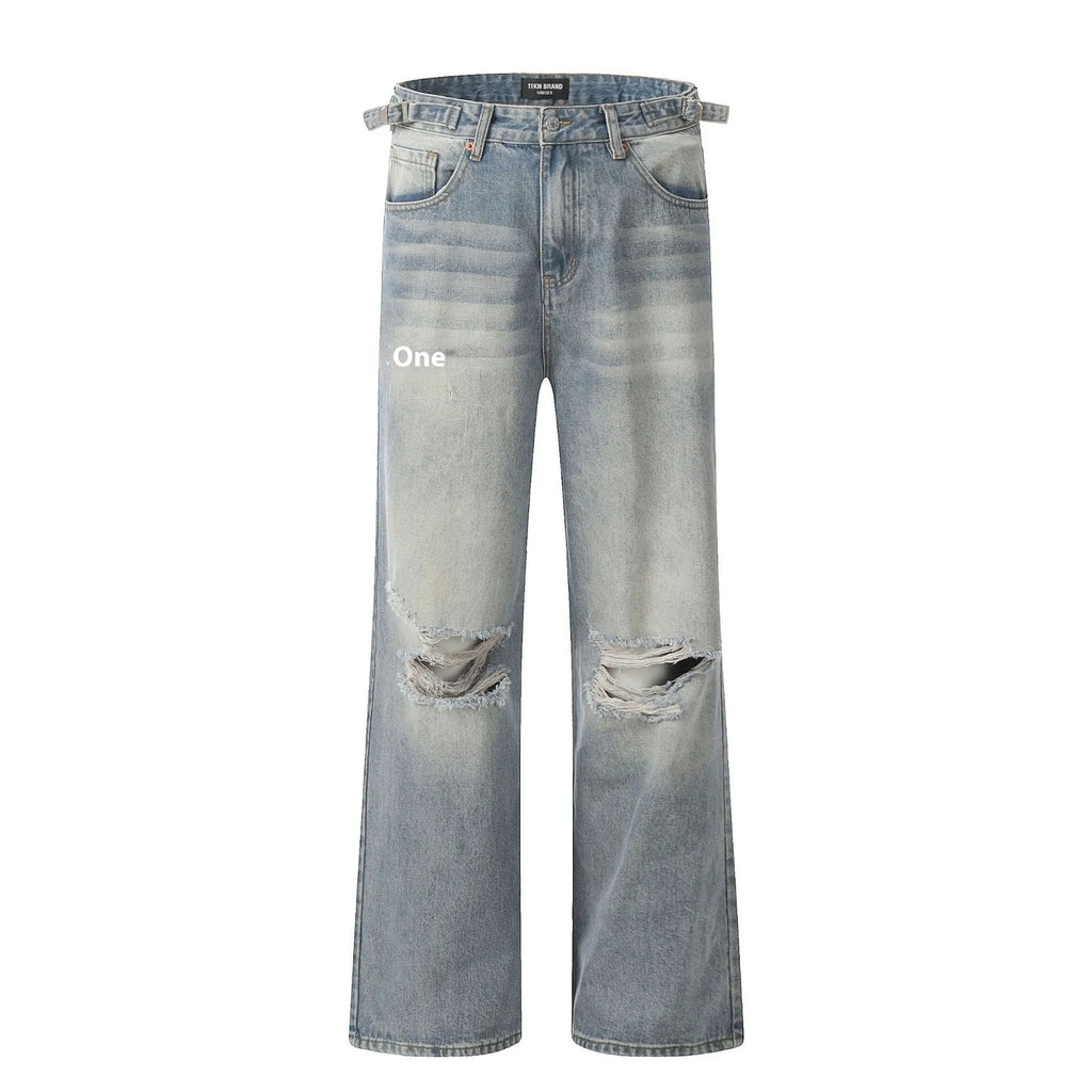Men's blue straight-leg jeans with ripped details on the legs, showing a zipper fly.