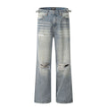 Men's blue straight-leg jeans with ripped details on the legs, showing a zipper fly.