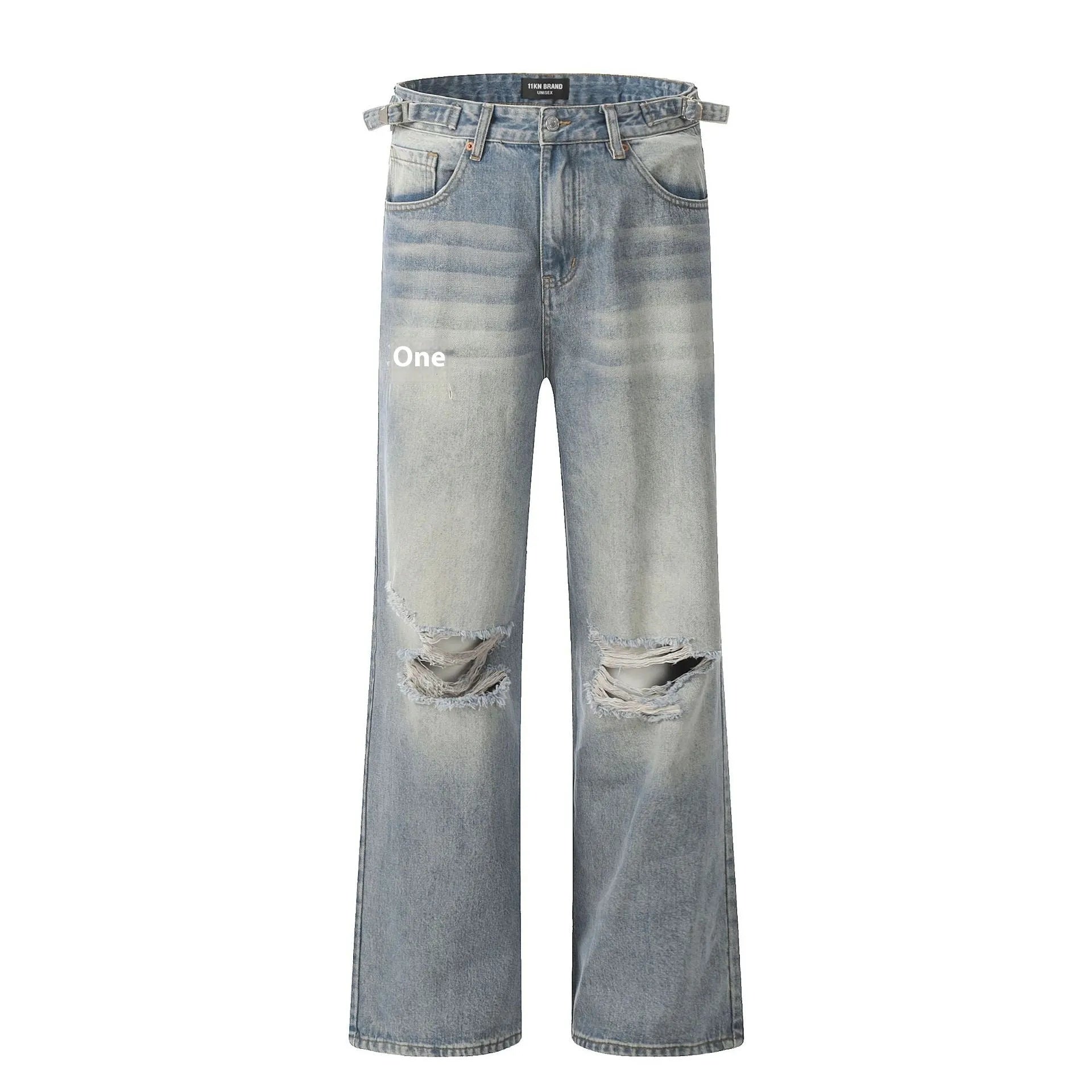 Men's blue straight-leg jeans with ripped details on the legs, showing a zipper fly.