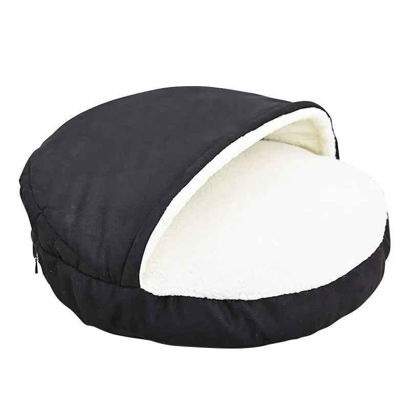 Brown and grey washable cloth dog bed mat for kennels, shown in small and medium sizes.