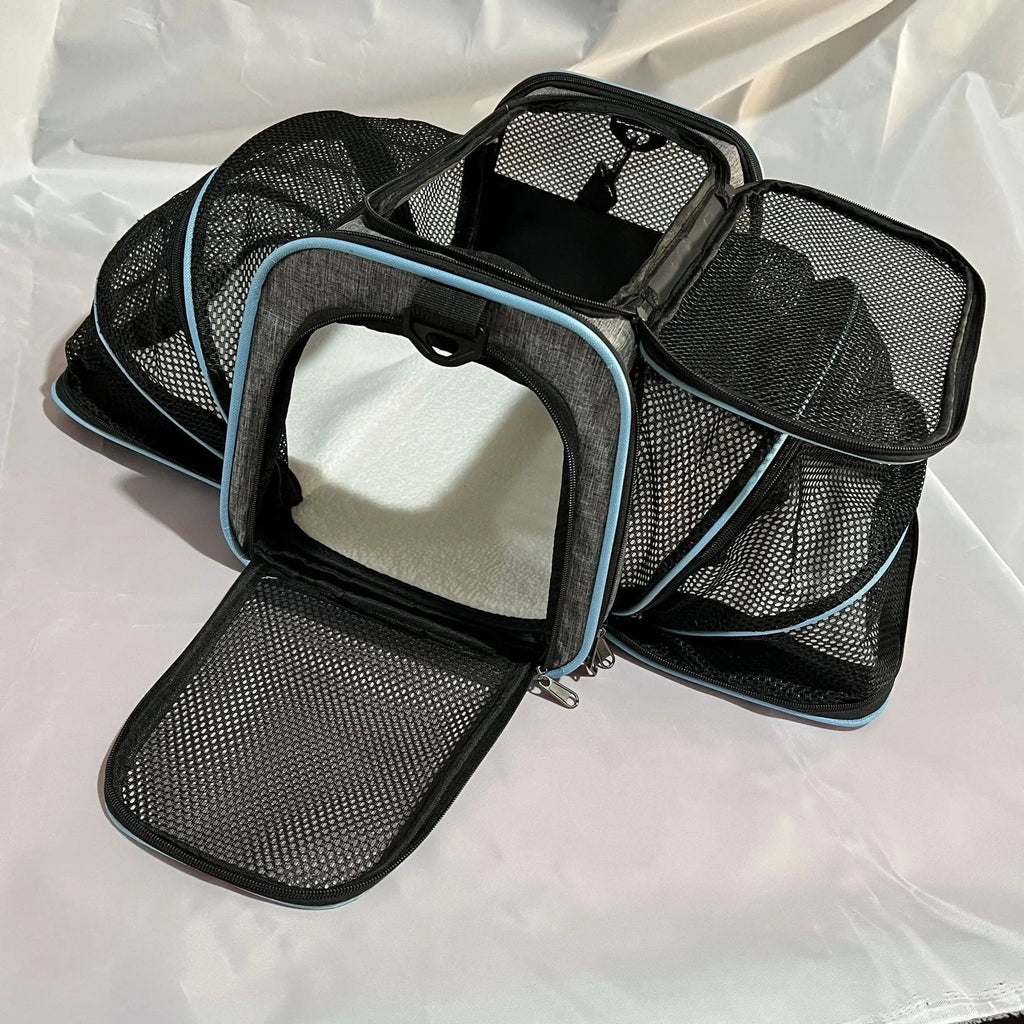 Black cat carrier bag made from 600D fabric with red piping and carrying handle