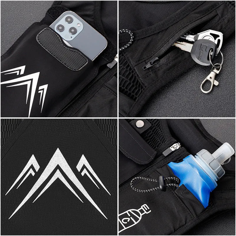 Breathable mesh sports running vest with phone pocket shown in classic black colour