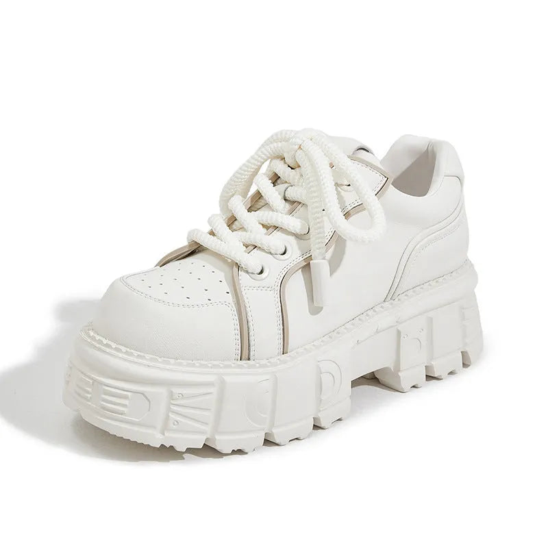 Women's beige leather casual shoes with muffin bottom design and rubber foam soles