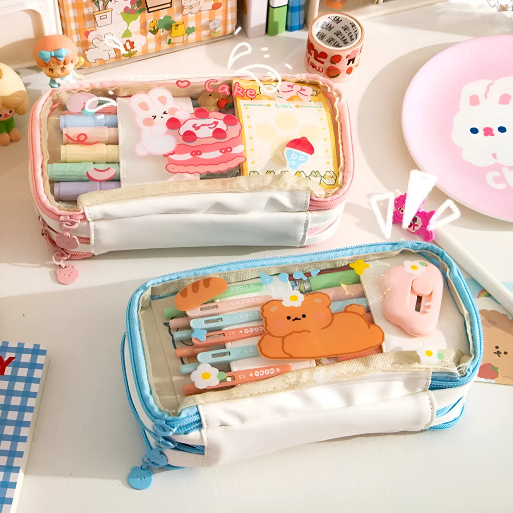 Japanese transparent heart pen bag with Korean style design in pink cake rabbit pattern