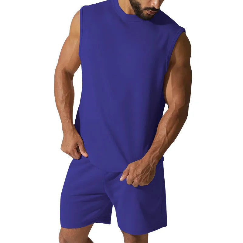 Men's sleeveless sports suit in cotton blend fabric with matching shorts