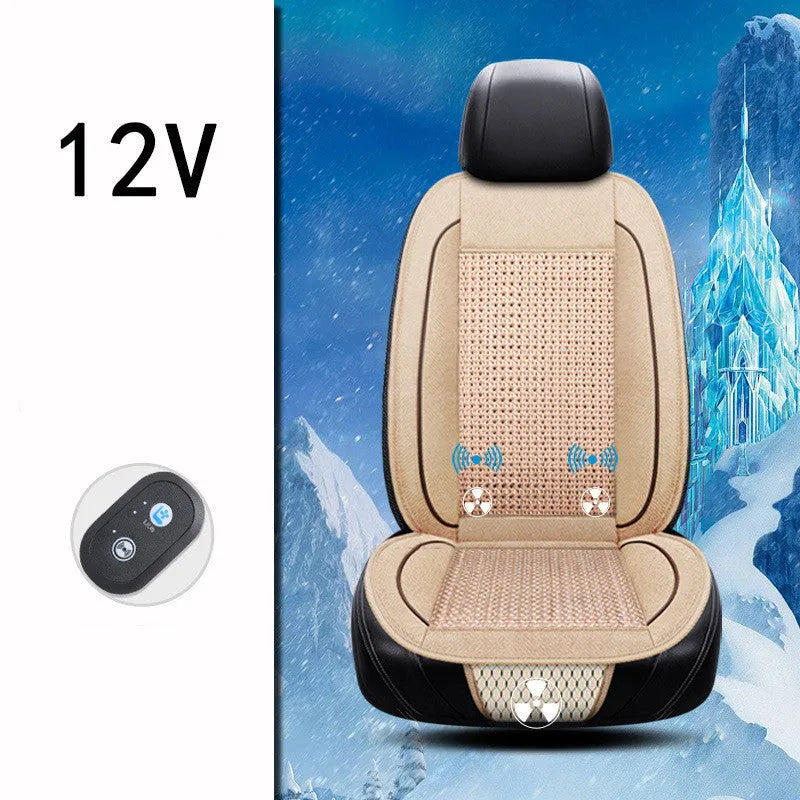 Car ventilation seat cushion in black colour showing 60x60cm dimensions with power connection