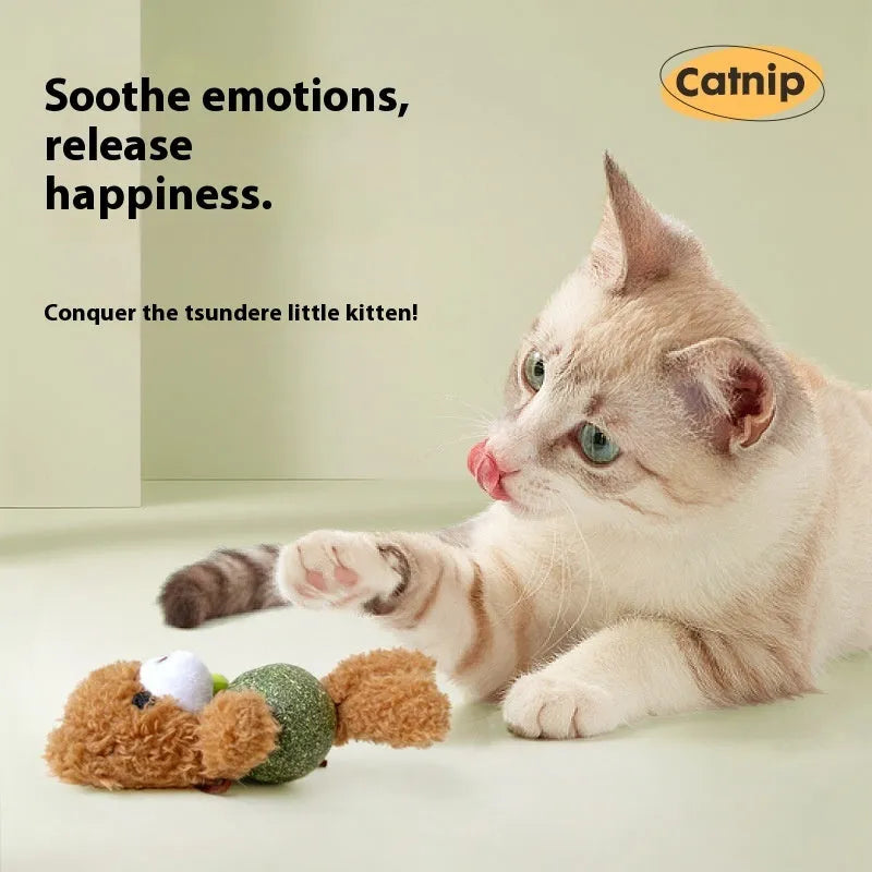 Plush catnip ball toy with animal design and bell measuring 15cm by 7cm