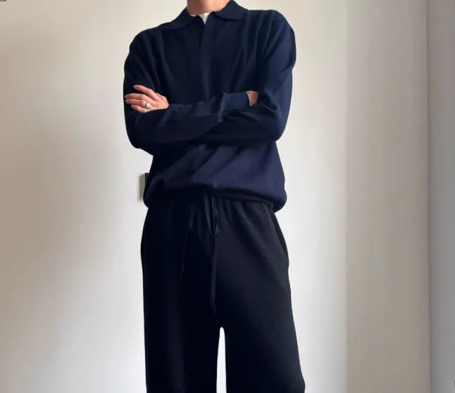 Men's milky white pure wool polo sweater with lapel collar and loose fit.
