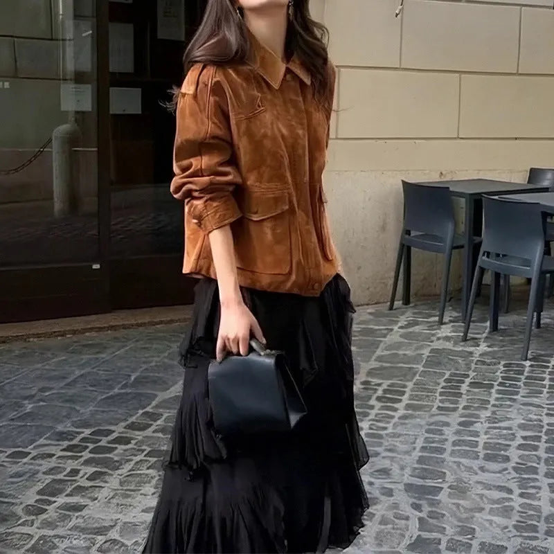 Women's street chic coat in suede-look polyester fabric showing regular sleeves and brown colour options