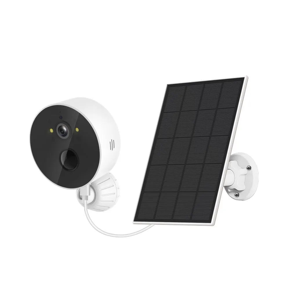 Outdoor solar security camera with 1080P HD resolution and attached solar panel for wireless monitoring