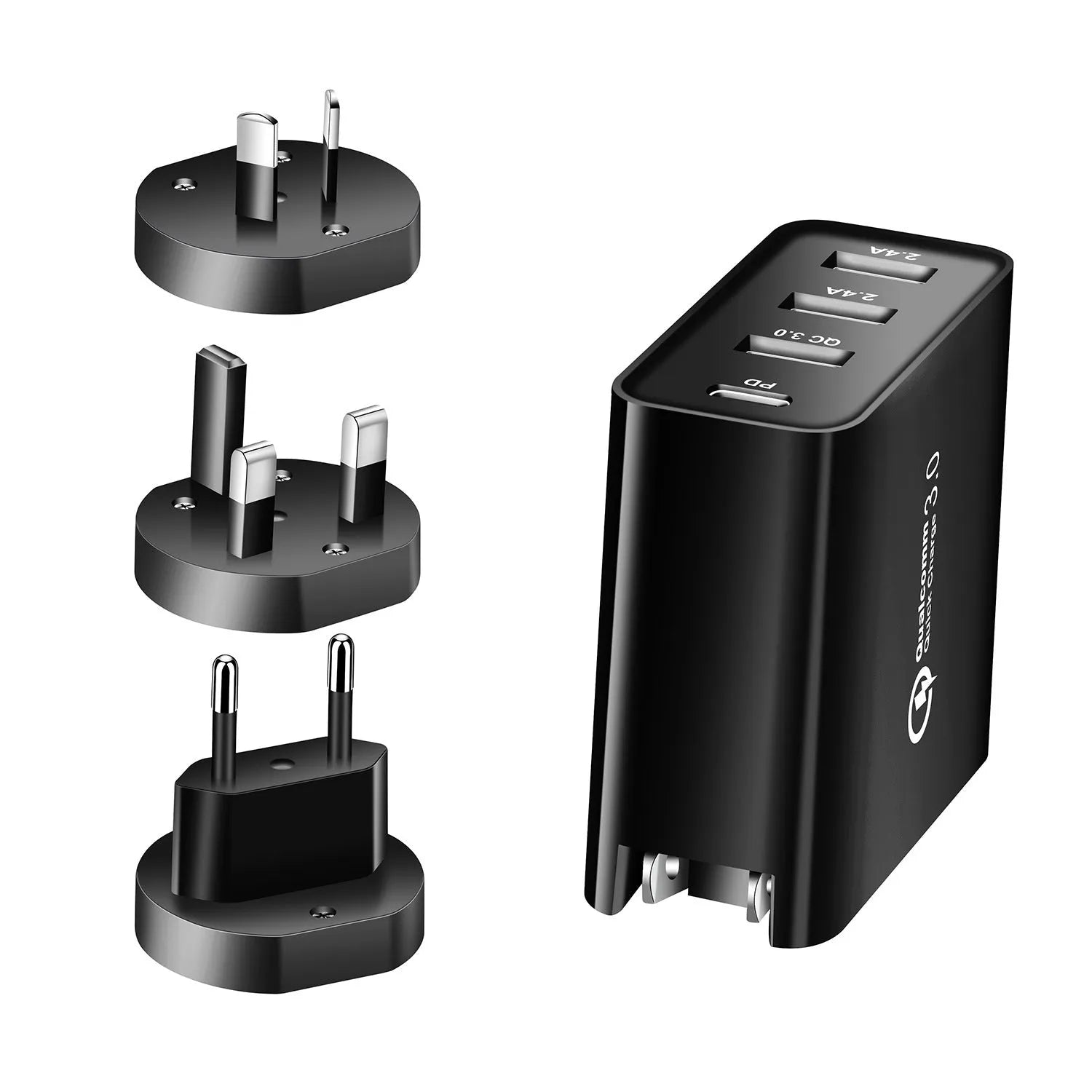 Black and white 48W four-port USB-C charger with UK, US, EU, and AU plug adapters