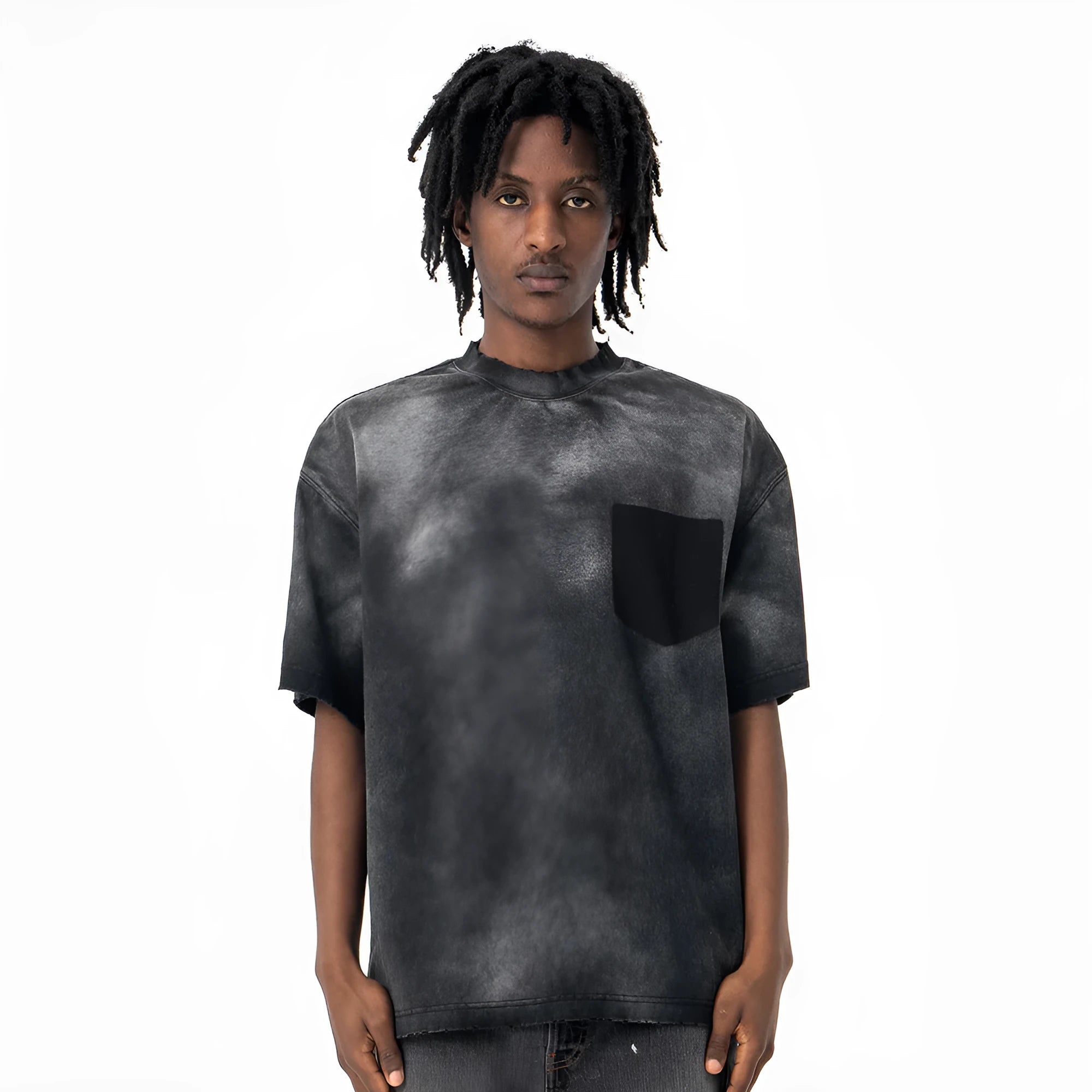 Black men's loose fit cotton T-shirt with drop-shoulder sleeves and a printed design.