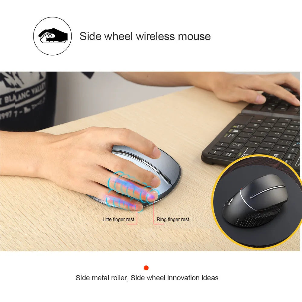T32 wireless vertical ergonomic mouse in black matte texture showing aluminium side roller and 6-button layout.