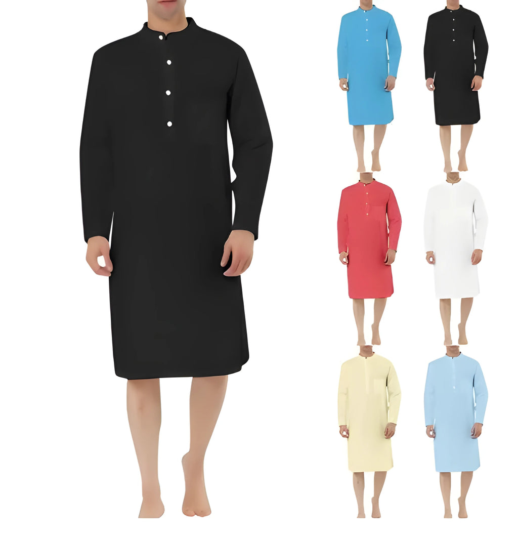 Men's button-front cotton shirt robe in light blue with side pockets on a hanger.