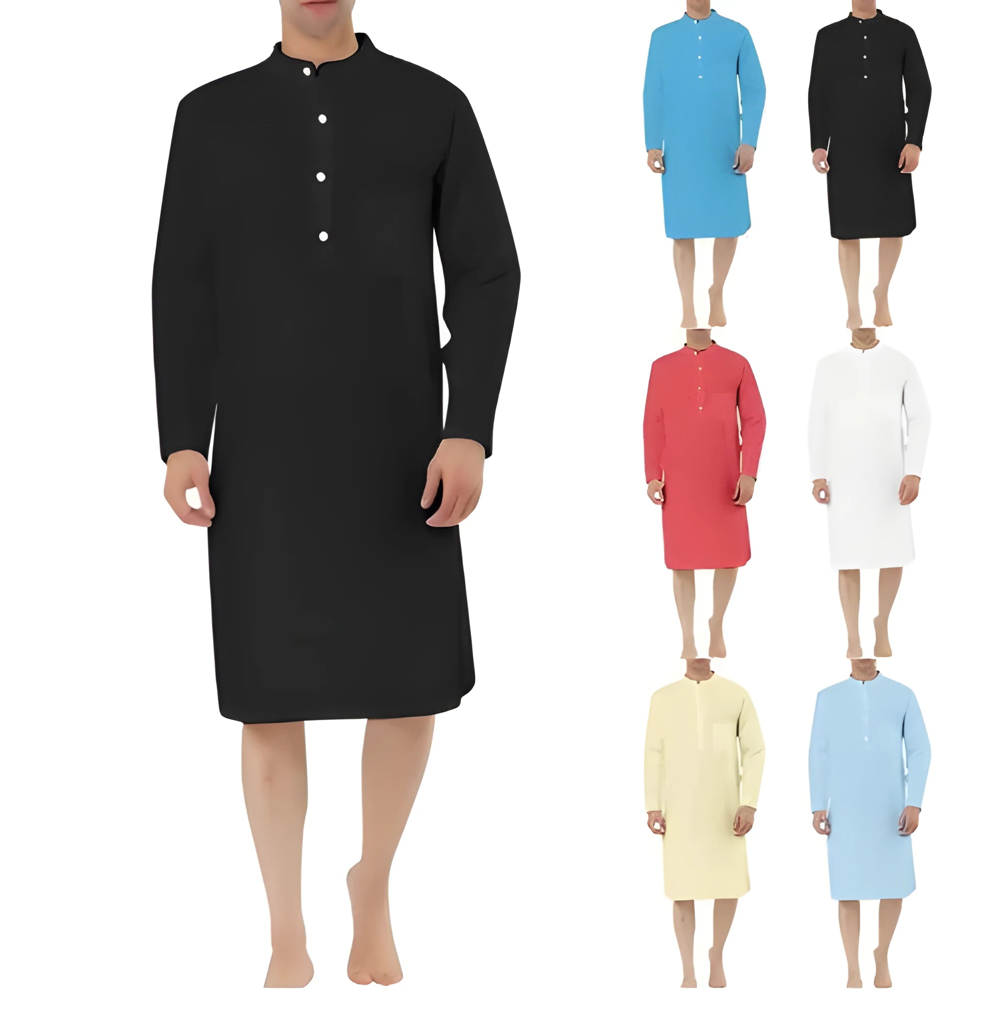 Men's button-front cotton shirt robe in light blue with side pockets on a hanger.