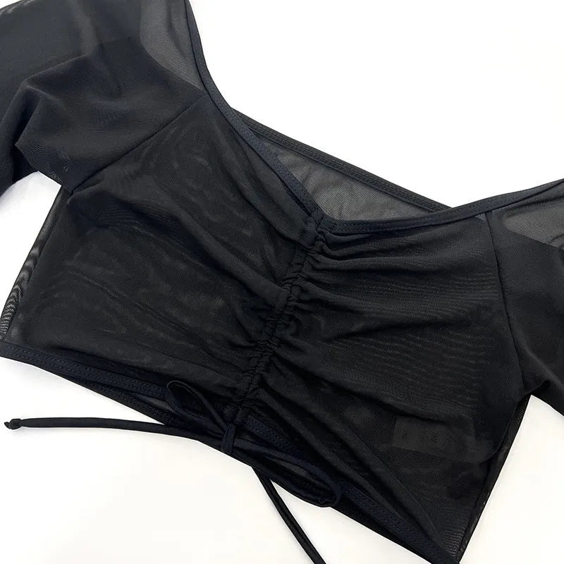 Black mesh bikini four-piece swimsuit set for women with long sleeves