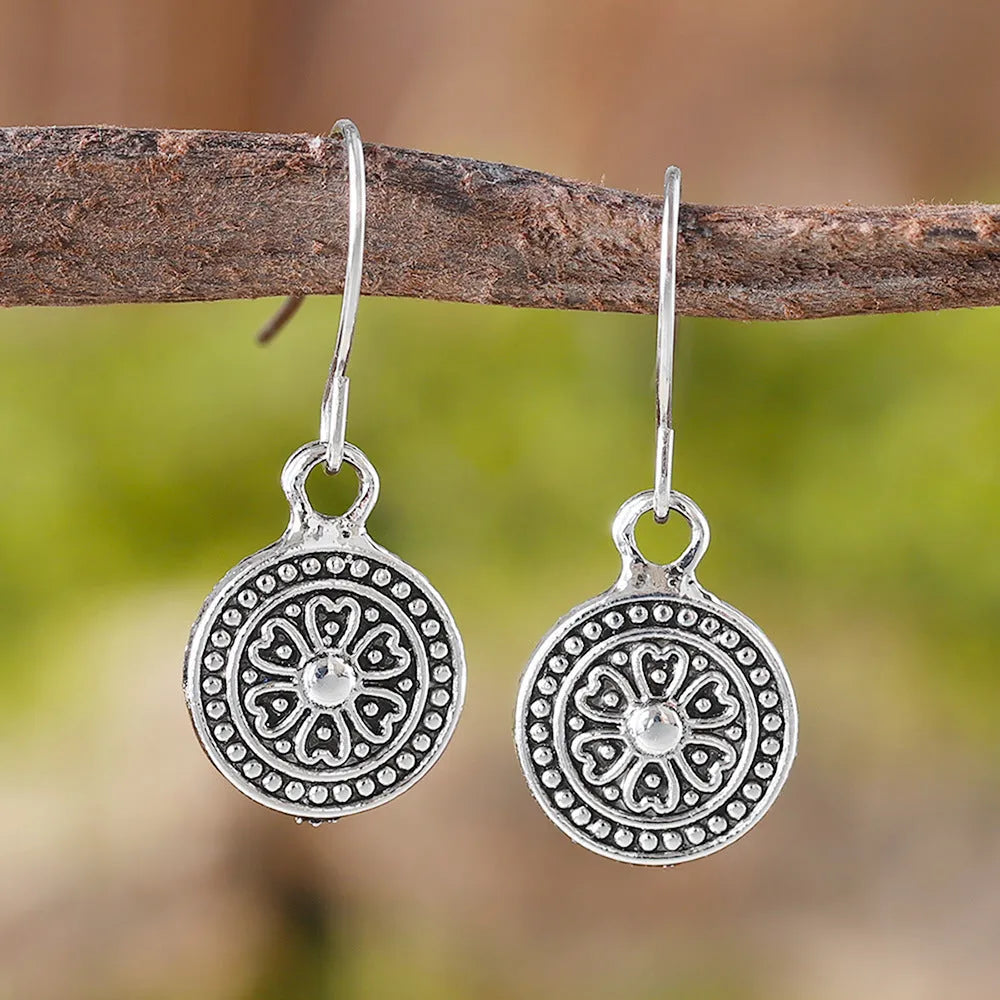 Bohemian style retro round earrings with distressed ethnic print and geometric zinc alloy construction