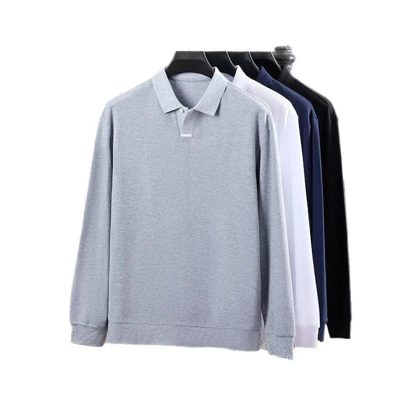 Men's loose fit cotton polo shirt with lapel collar in grey, white, dark blue or black