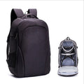 Black Oxford cloth drone backpack with camera and laptop compartments open.