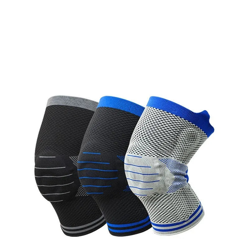 Cotton knee pad with silicone massage spring bar shock absorber in black and blue colour combination