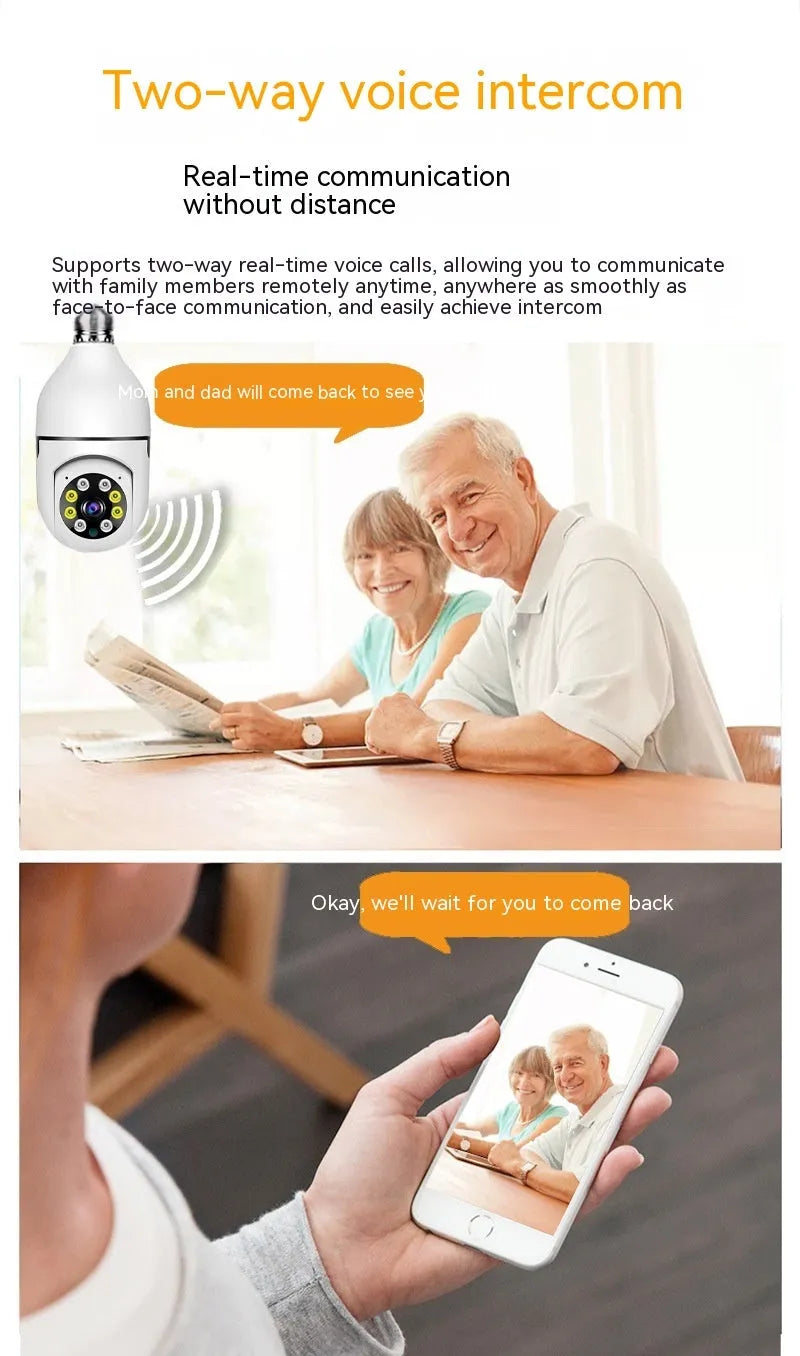 Wireless Wi-Fi bulb security camera with lamp holder base, showing compact 5cm by 12cm size.