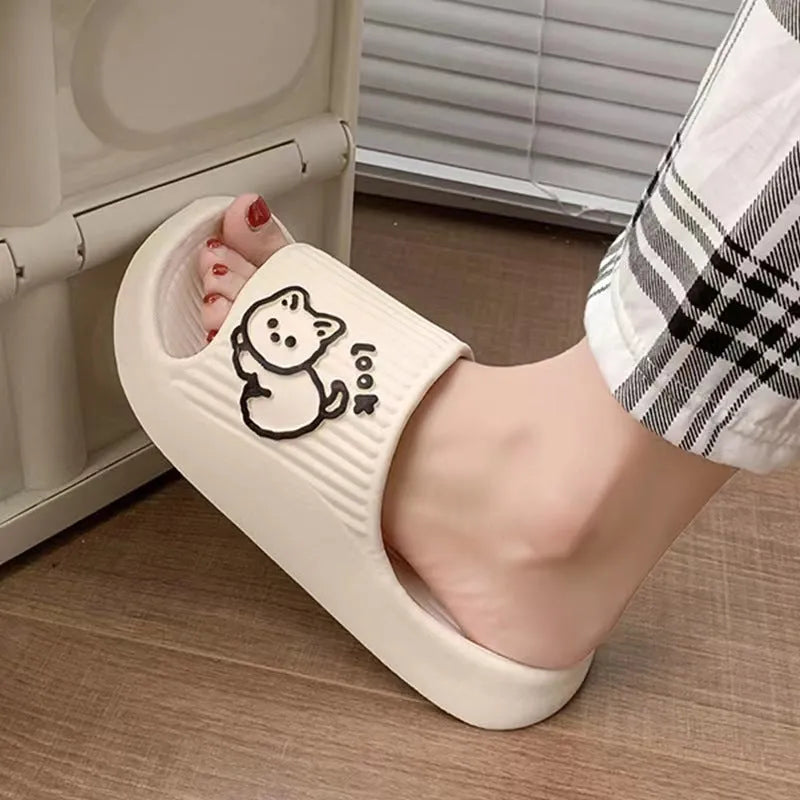 Women's thick platform slippers with cat design in various colours, made from EVA material