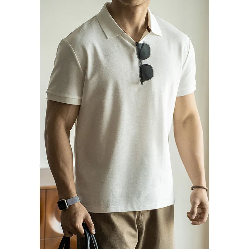 American-style cotton blend short-sleeved polo shirt in blue on a hanger