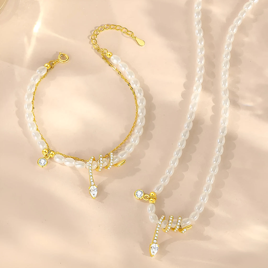 925 silver snake bracelet with pearl beading in gold or white gold electroplated finish, geometric animal design