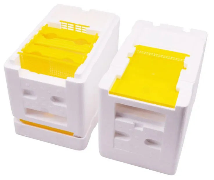 Three white EPS foam bee breeding delivery boxes for hive management